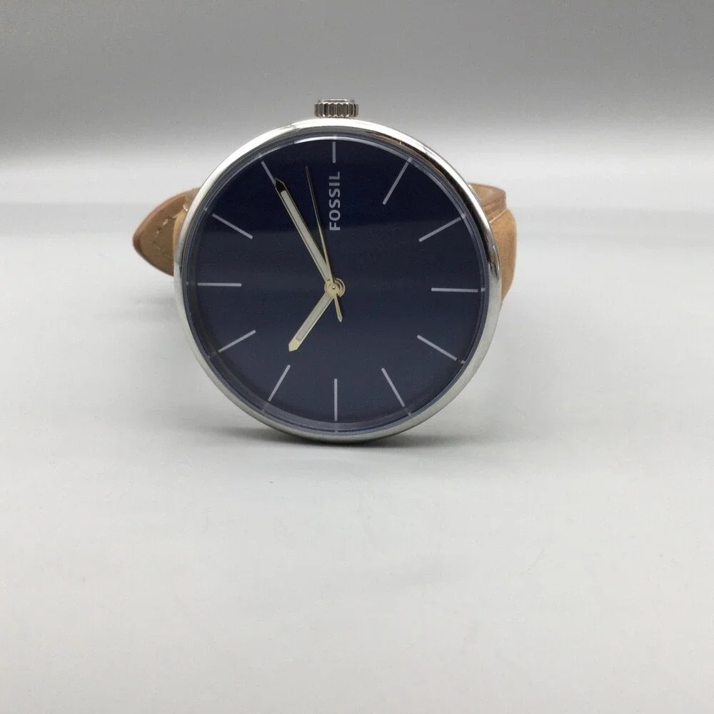 Fossil BQ2435 Mens Watch 42mm Blue Dial Brown Leather Minimalist New Battery